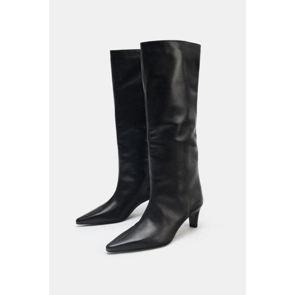 ZARA LEATHER KITTEN HEEL BOOTS - Picture 4 of 6
